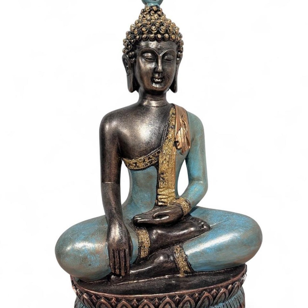Meditating Buddha Statue Teal Bronze Lotus Base Decorative Figurine 11in